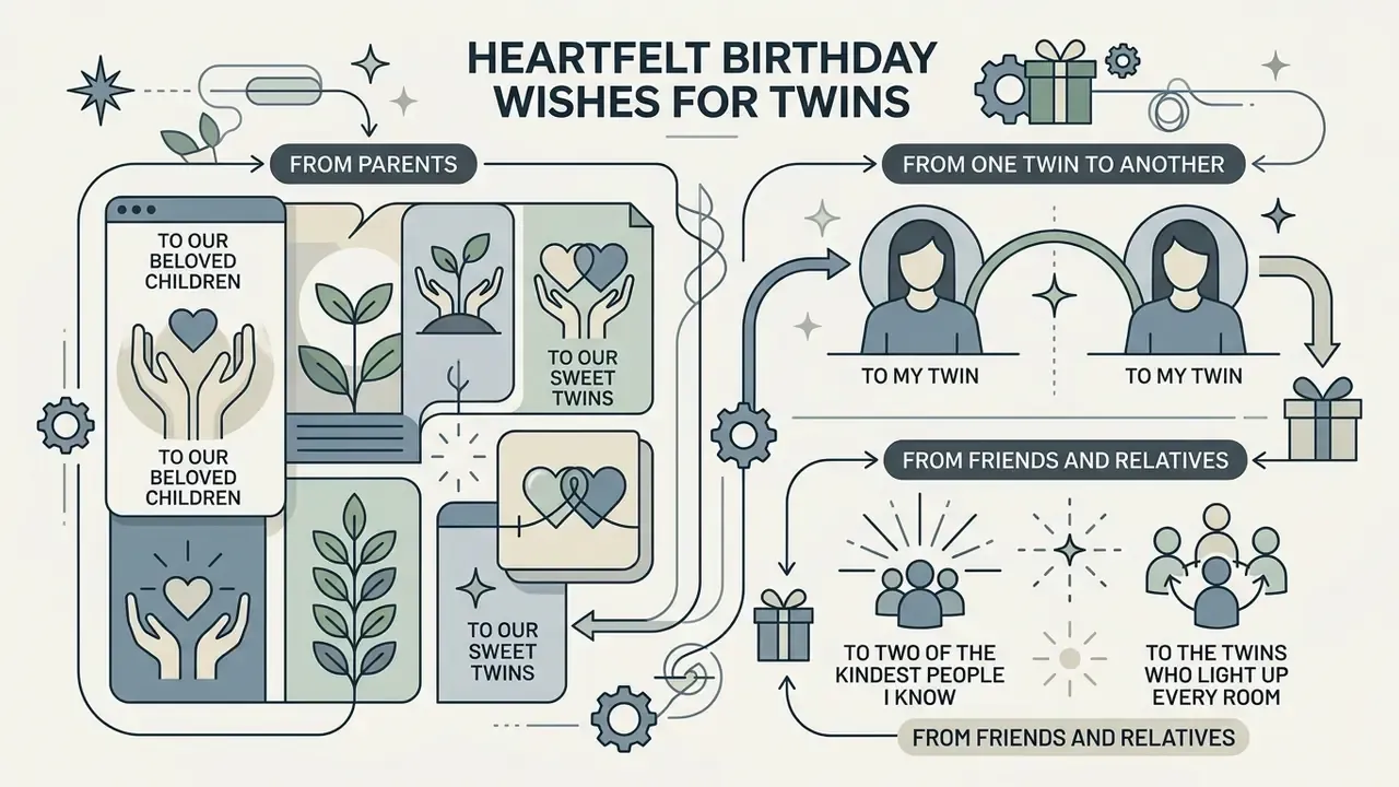 Graphic diagram categorizing celebratory messages for twins from parents, siblings, and other loved ones