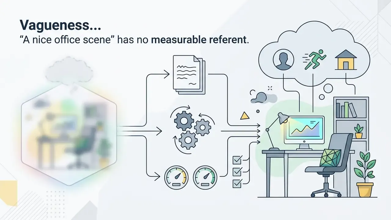 Blurred office scene transforming into a detailed workspace through structured data and processing