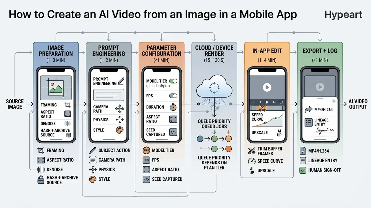 Six sequential stages for transforming a source image into a video using a mobile app interface