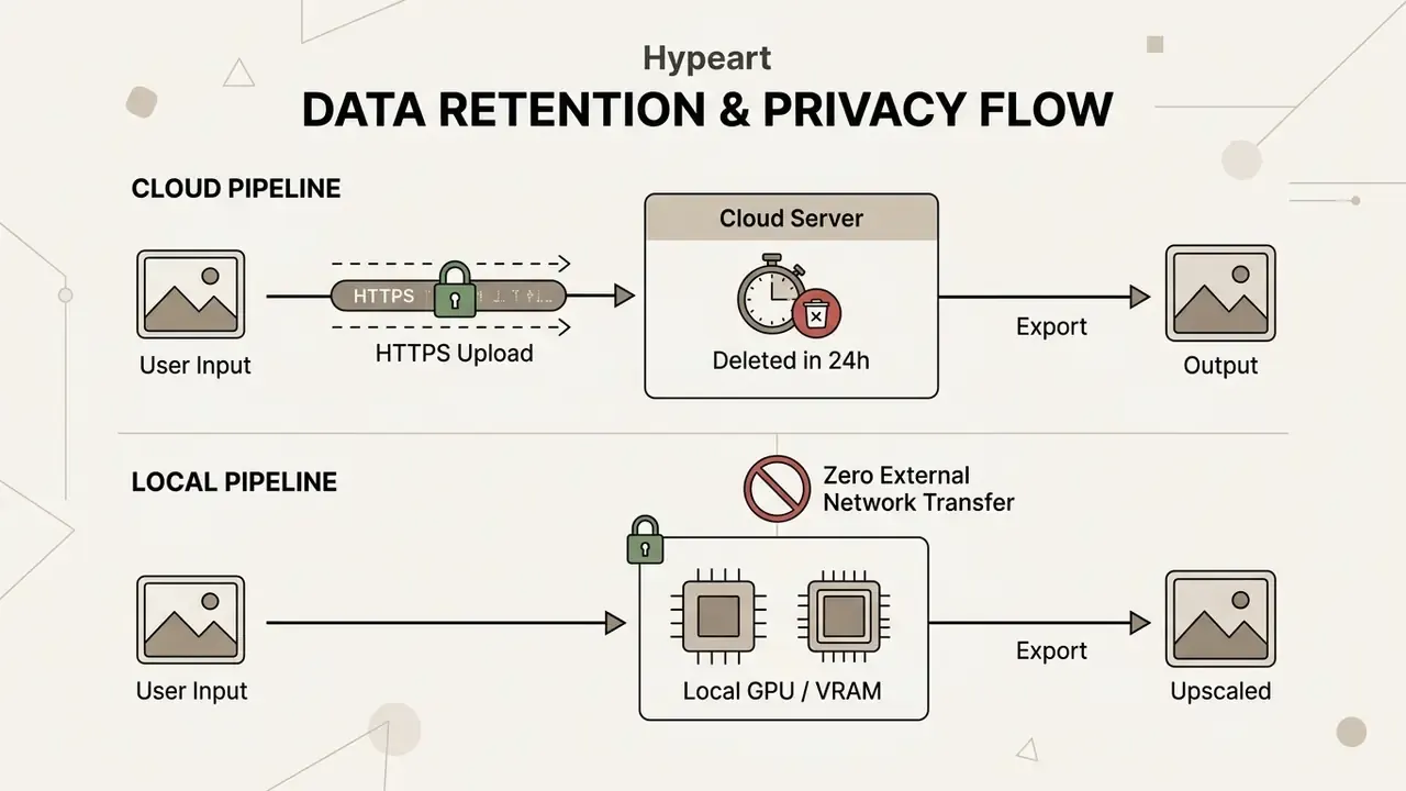Comparison flowchart showing cloud-based HTTPS upload versus local GPU processing for image data privacy
