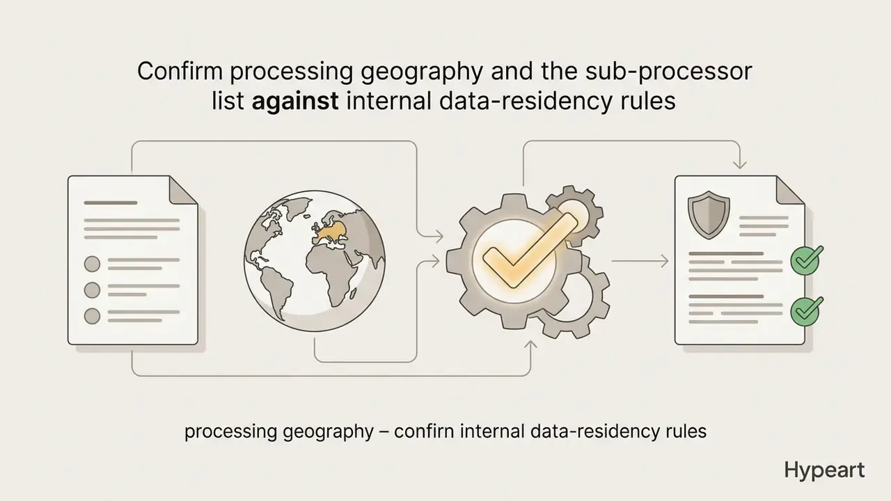 Document and globe icons feeding into a gear mechanism to produce a compliant document with checkmarks