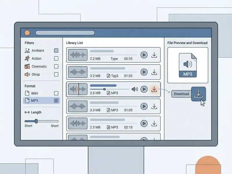 Computer screen interface showing audio library filtering, track auditioning, and MP3 file downloading