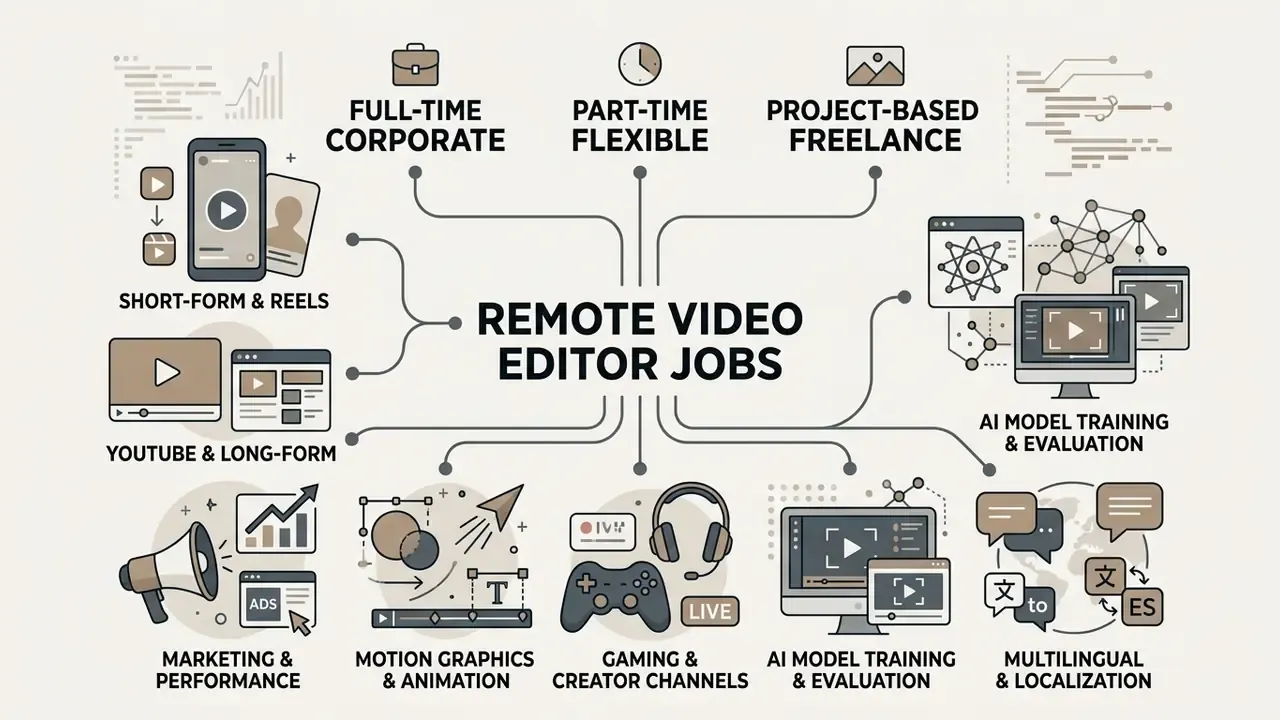 Infographic showing employment formats and content types for remote video editor jobs