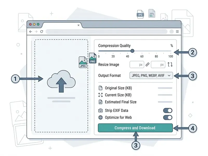 Annotated web interface showing controls for file upload, quality adjustment, and format selection