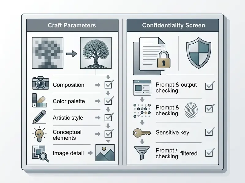 Two-column verification list detailing image craft parameters and confidentiality screening steps