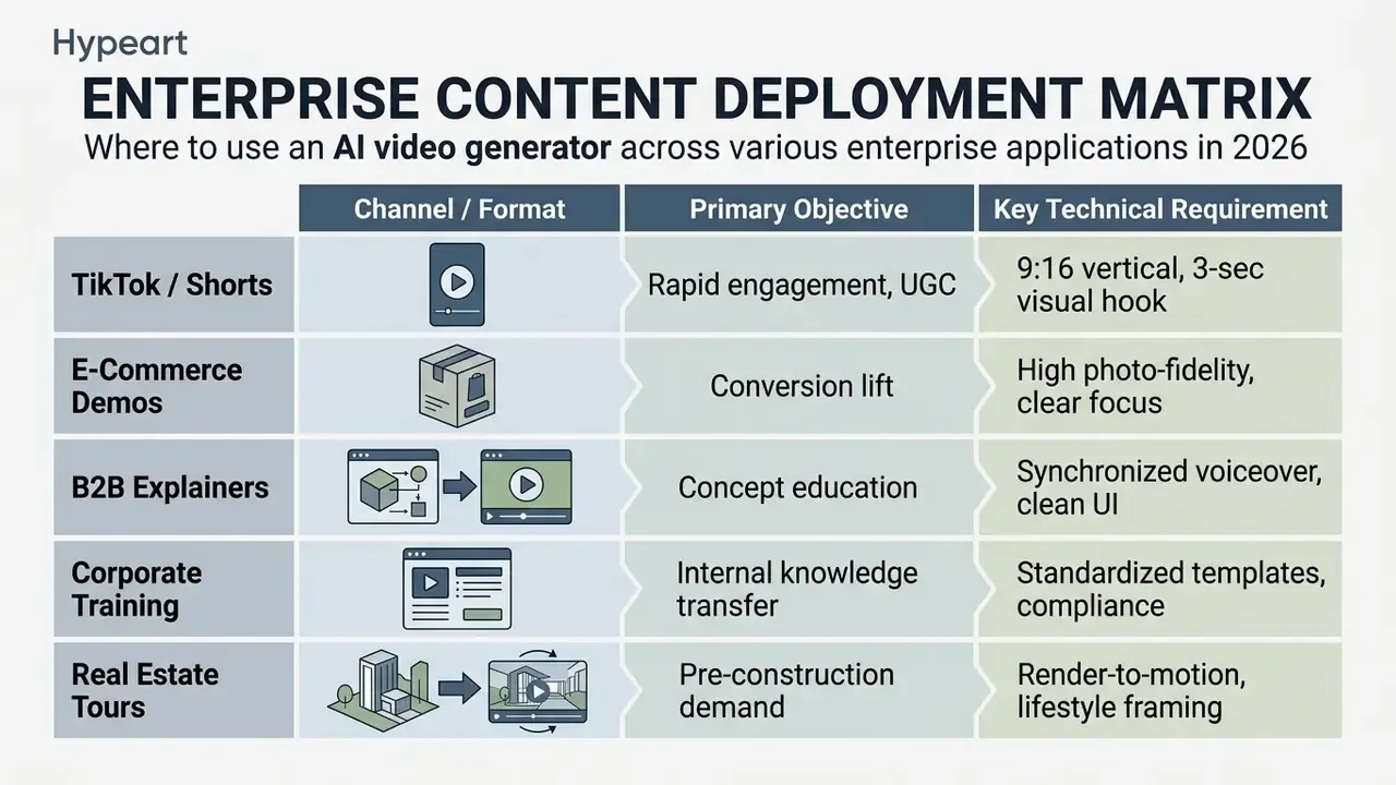 Table mapping enterprise video channels to primary objectives and specific technical requirements