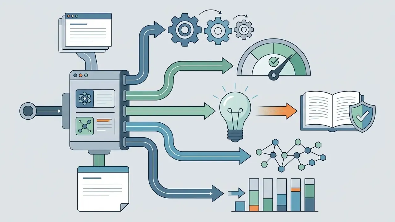 Central processor unit branching into multiple arrows leading to a gauge, lightbulb, book, and data charts