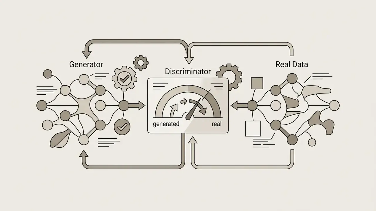 Schematic of a generator and discriminator network comparing synthetic output against real data samples