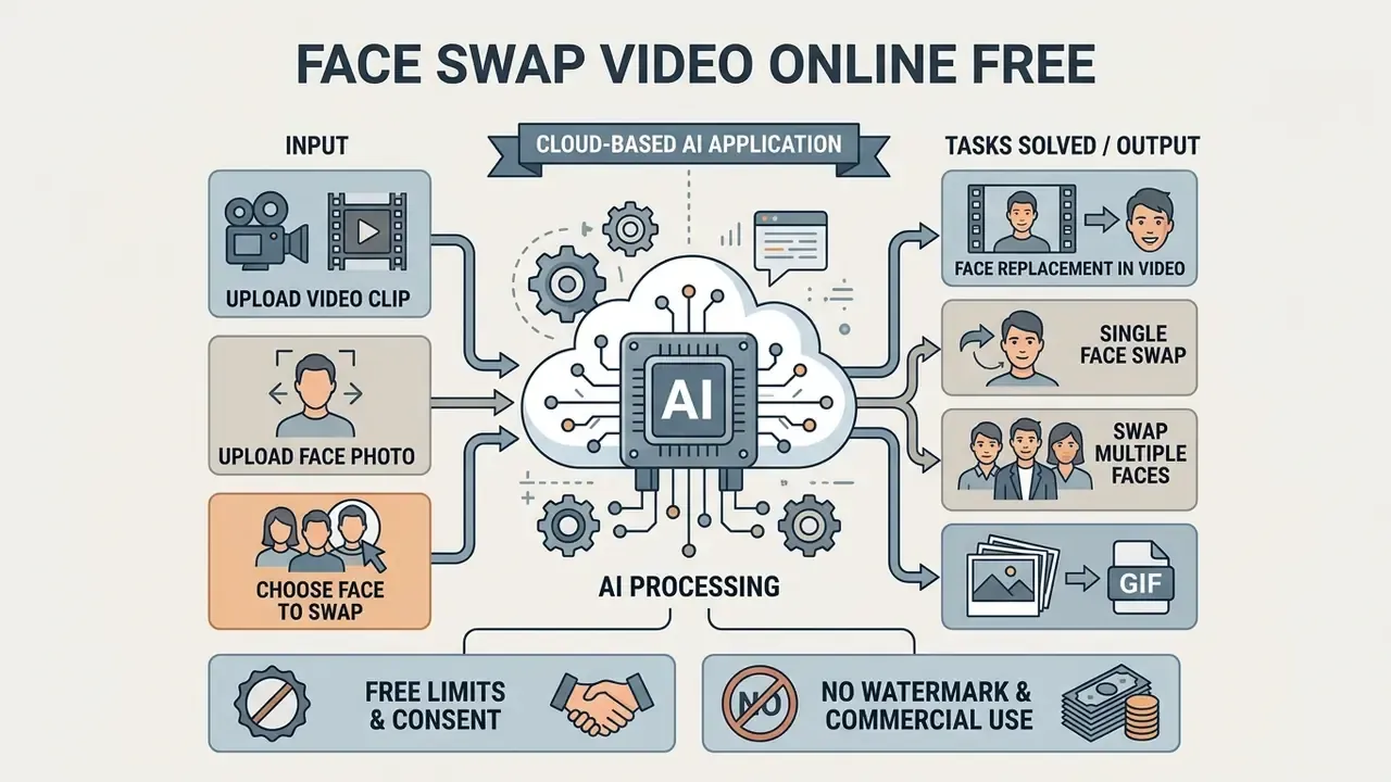 Infographic showing how a cloud-based AI application processes video and photo inputs for face swapping