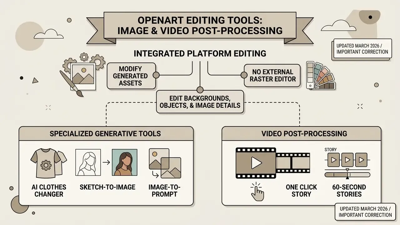 Infographic detailing OpenArt AI post-processing tools for modifying images and video assets