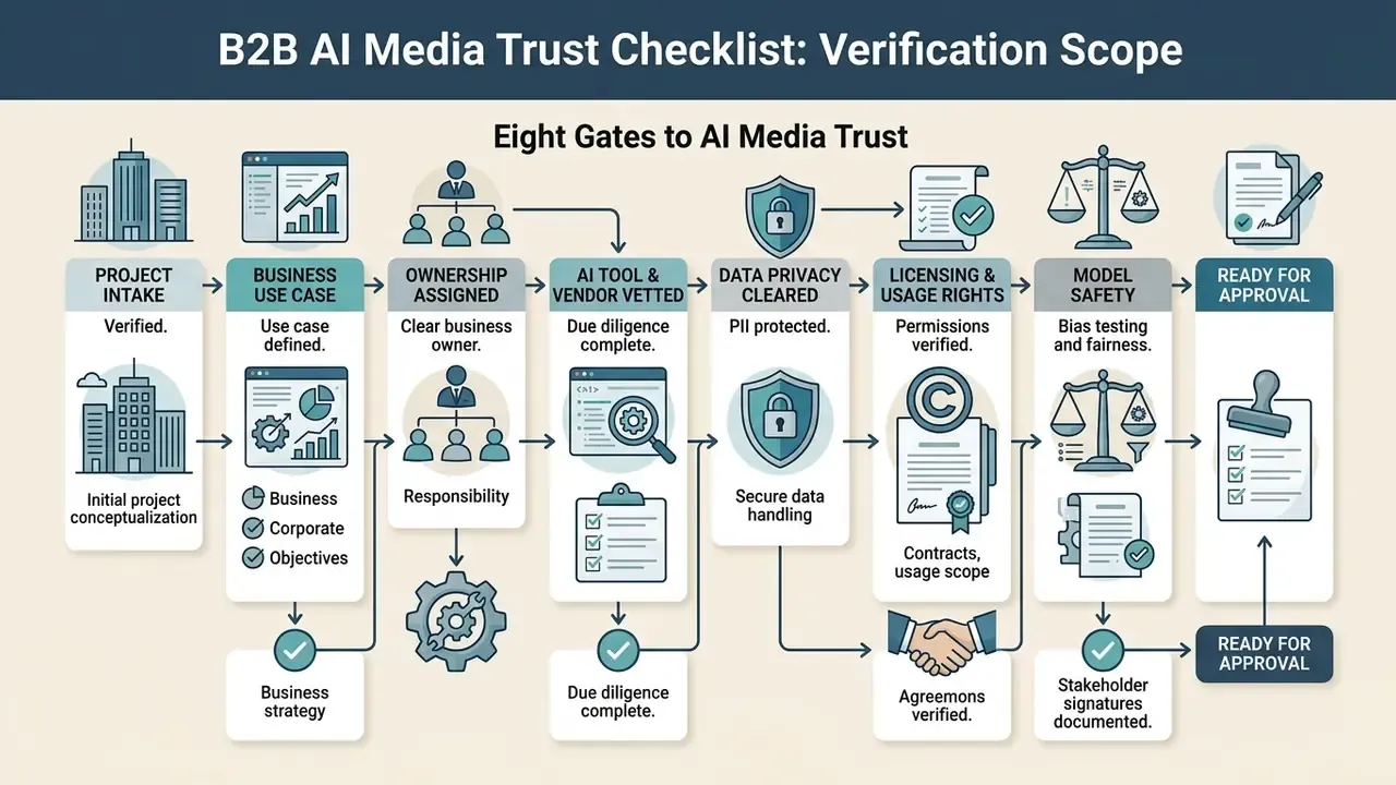 Flowchart detailing the eight sequential gates required to achieve B2B AI media trust