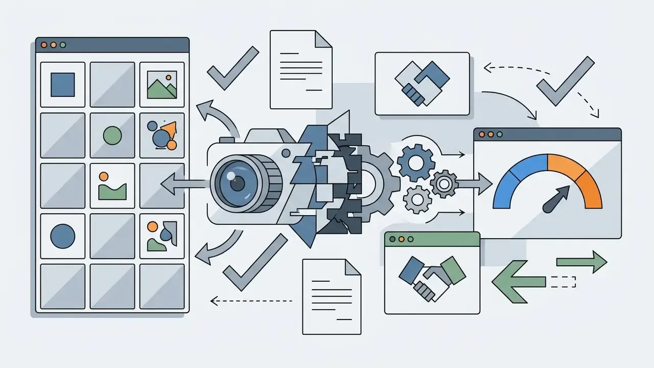 Camera and gears processing images and documents into handshake icons and a performance gauge