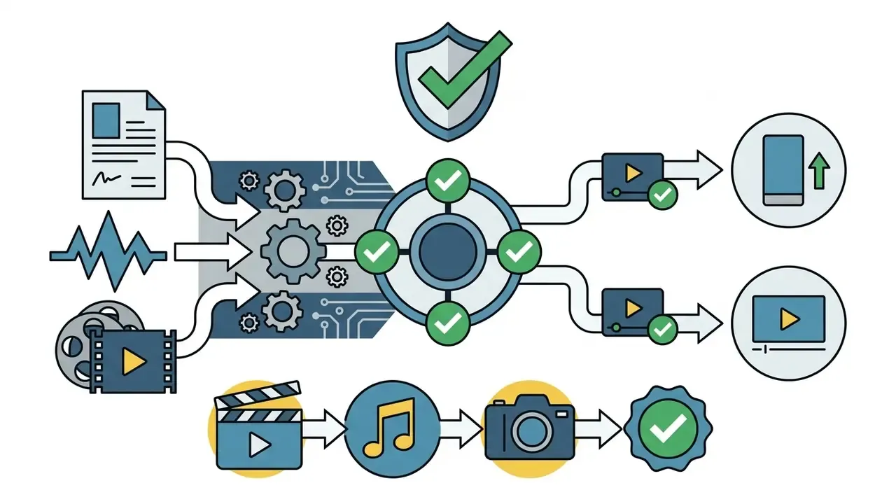 Media assets and audio waveforms flowing through processing gears to generate cleared video clip formats