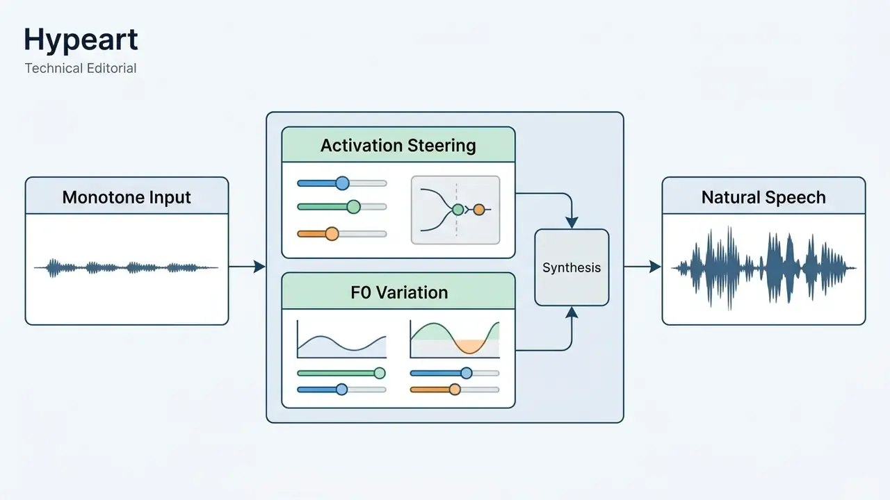 Flowchart showing monotone audio input processed through activation steering and F0 variation to natural speech