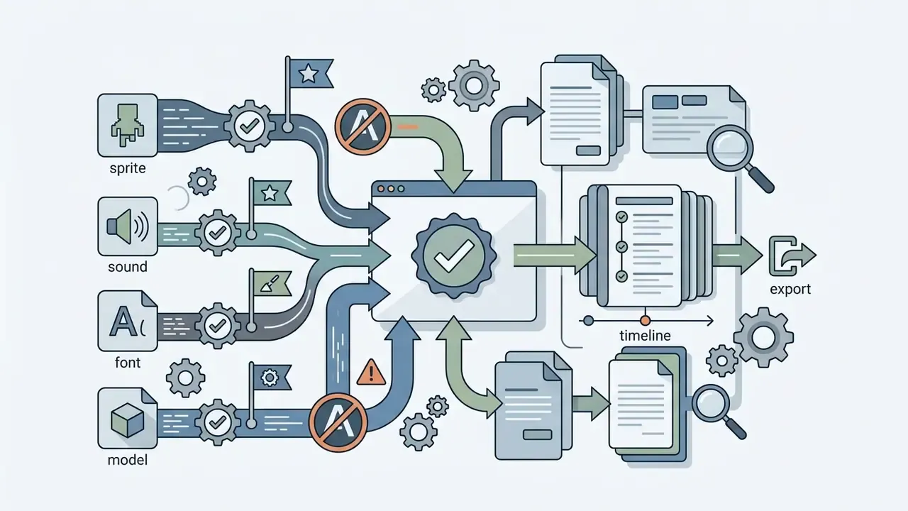 Asset paths flowing through gears and status checks to a central verification hub and export timeline