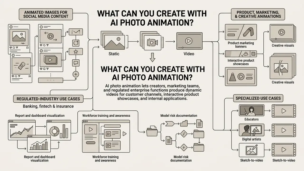 Flowchart illustrating diverse applications for AI photo animation across marketing and enterprise sectors
