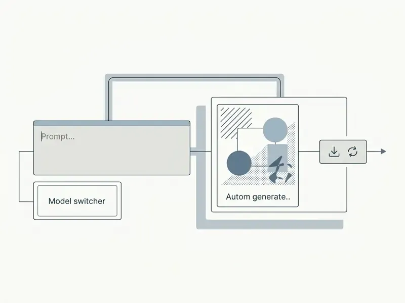 Interface map showing prompt entry, model switcher, automatic generation container, and action bar