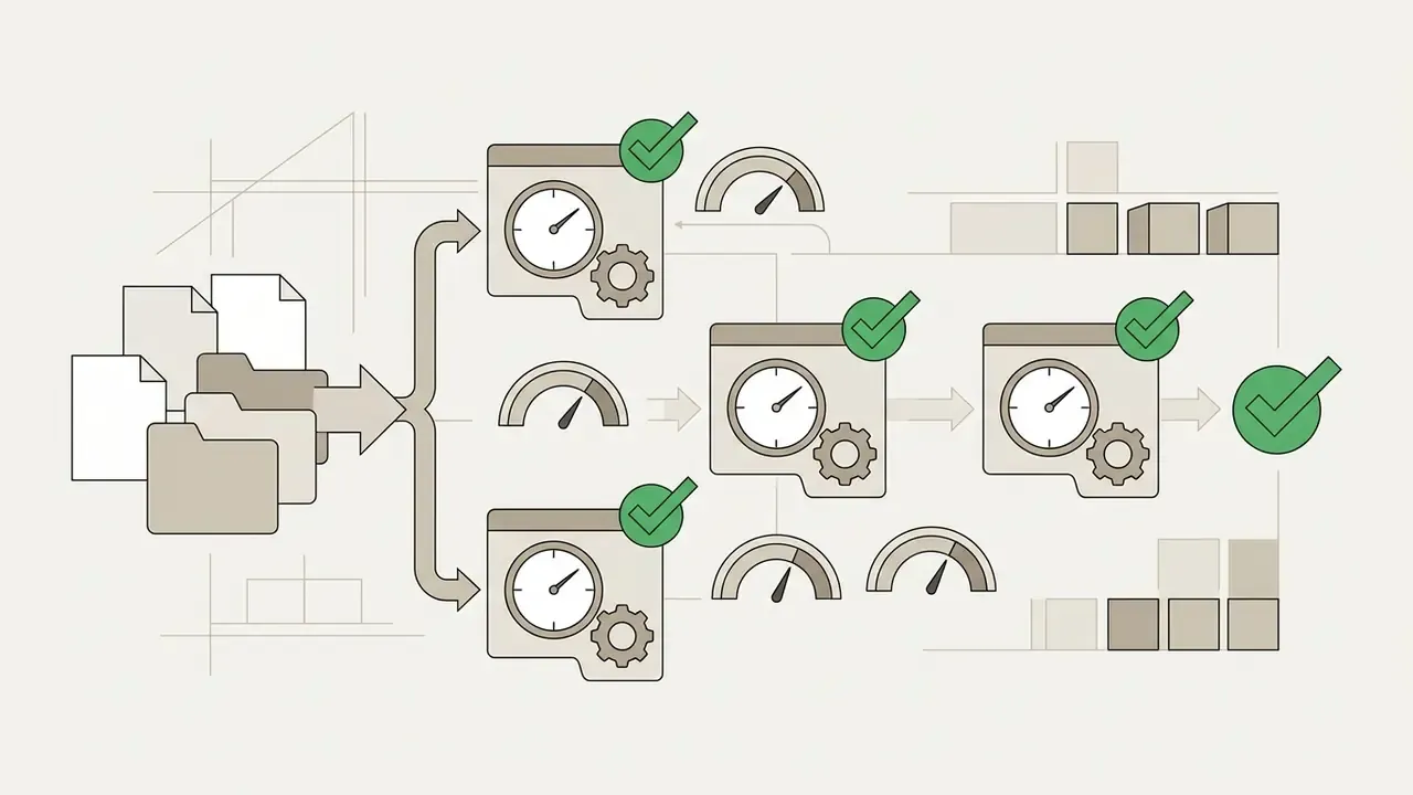 Folders and documents funneling into a series of timed gear processors to generate verified output results