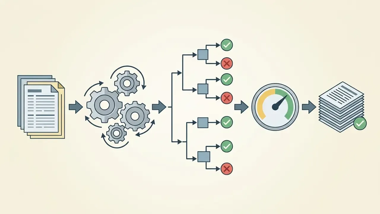 System of gears processing documents through a decision tree to a gauge and final verified output
