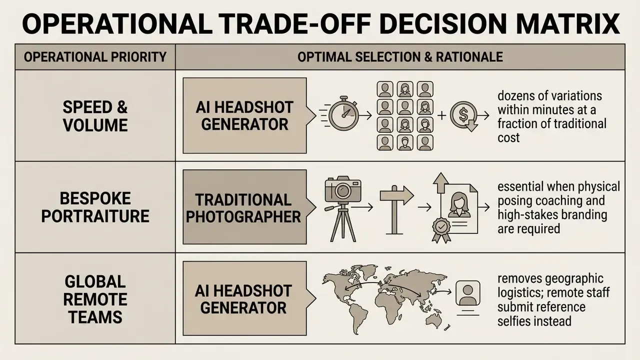 Decision matrix evaluating the use of automated portrait tools versus professional photography services