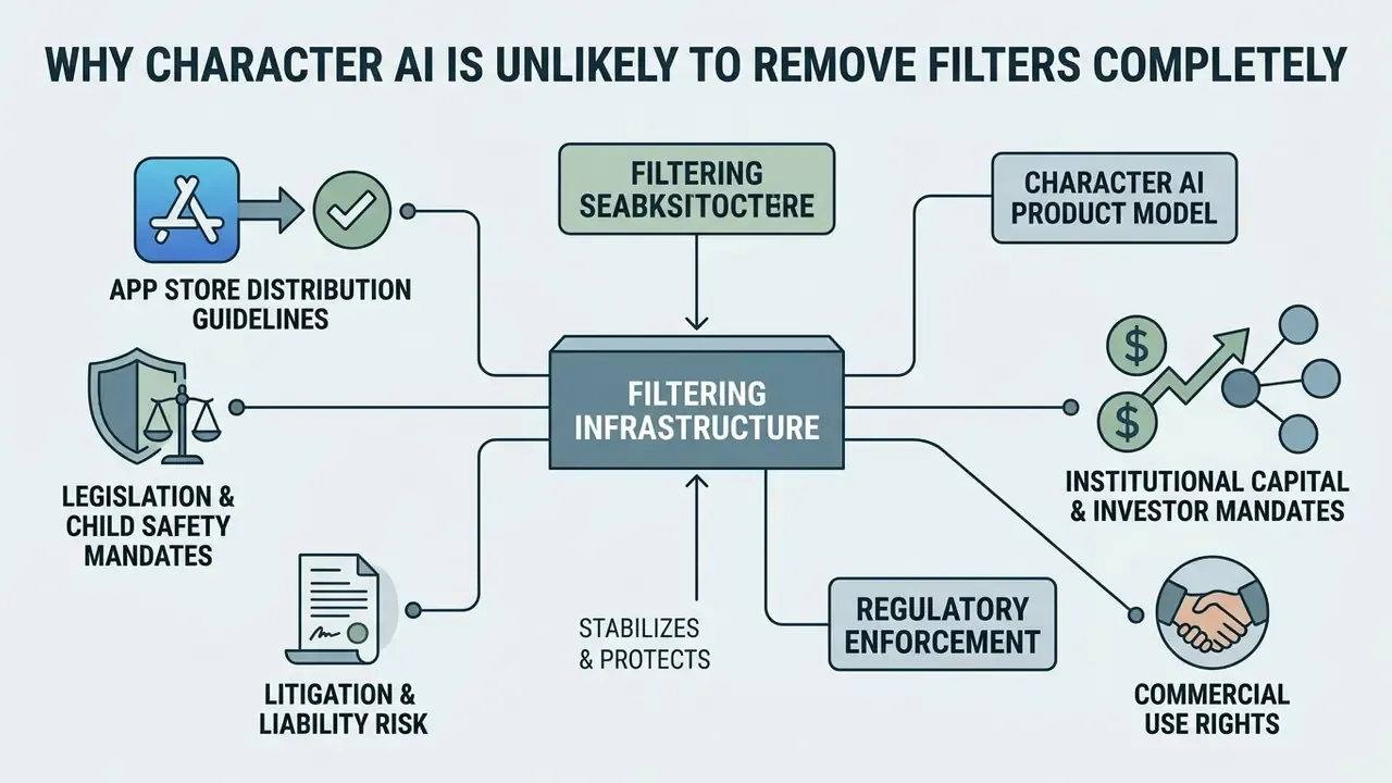 Central box diagram showing how legal, commercial, and safety factors support filtering infrastructure