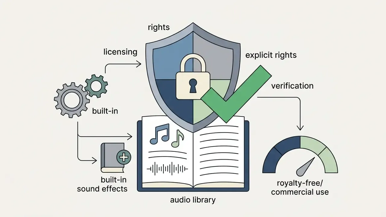 Shield and padlock icon over an audio library book with gears and a gauge indicating royalty-free usage