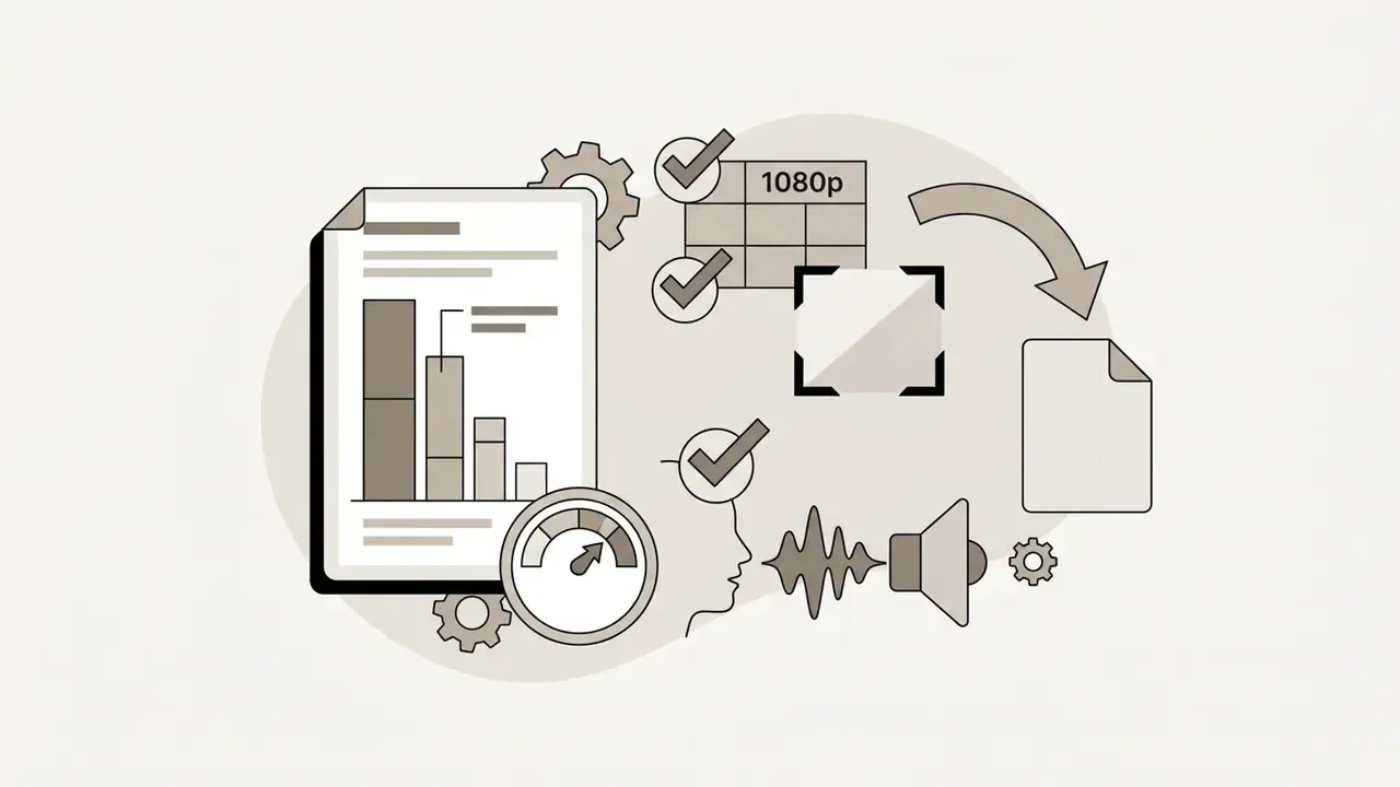 Data document and speed gauge symbols feeding into a process for 1080p video export and voice synthesis