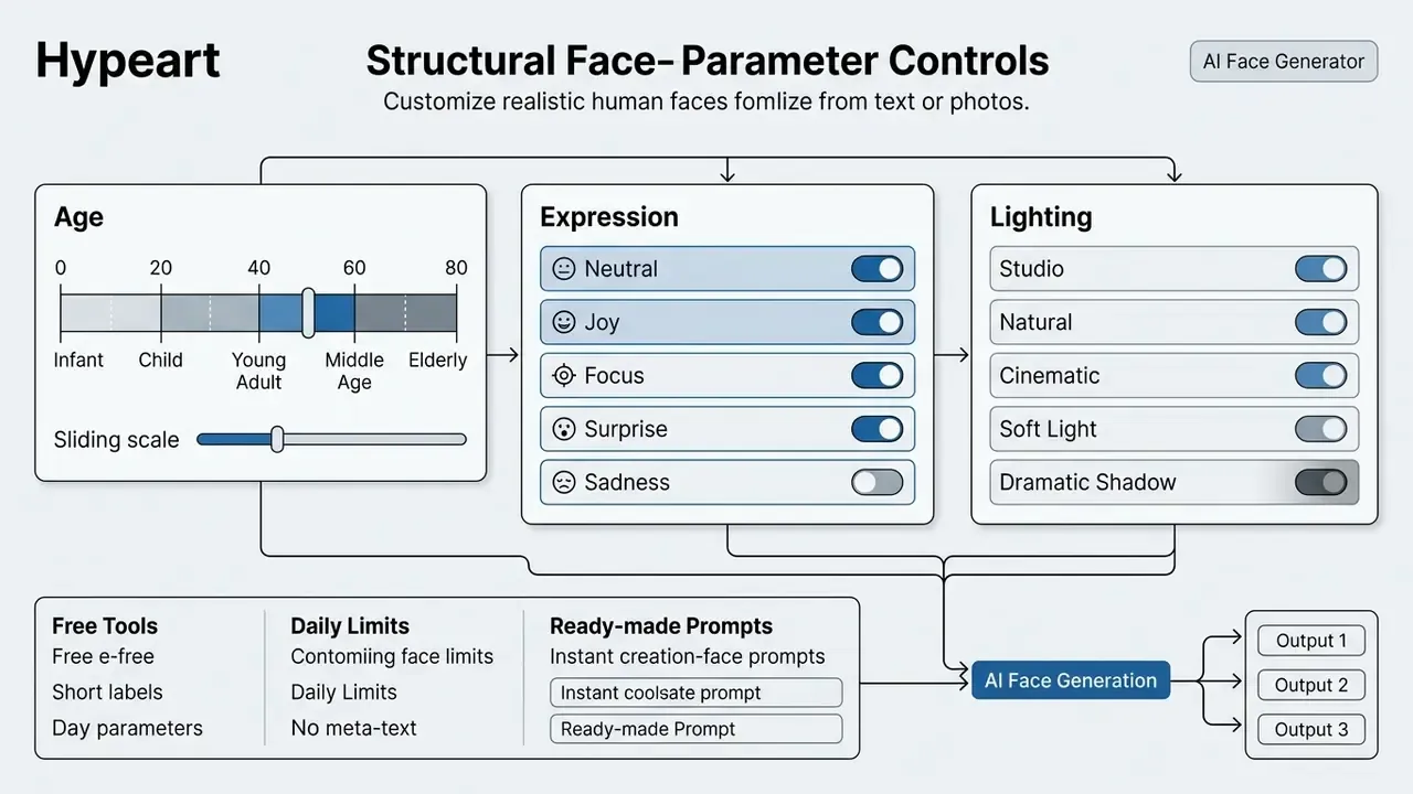 Control panel with sliders for age, toggle switches for expression, and lighting options for an AI face generator