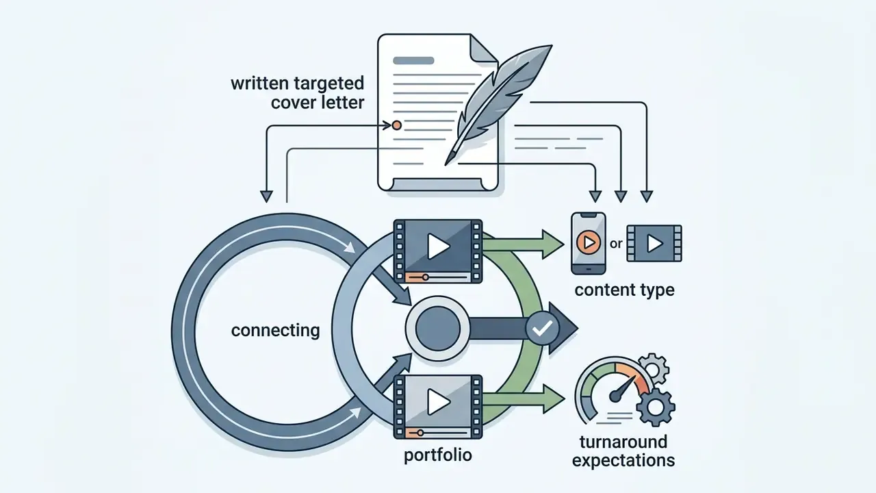 Quill pen writing a cover letter that connects portfolio video projects to content types and deadlines