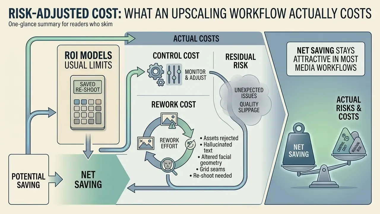 Flowchart comparing potential savings against control, rework, and residual risk factors in media production