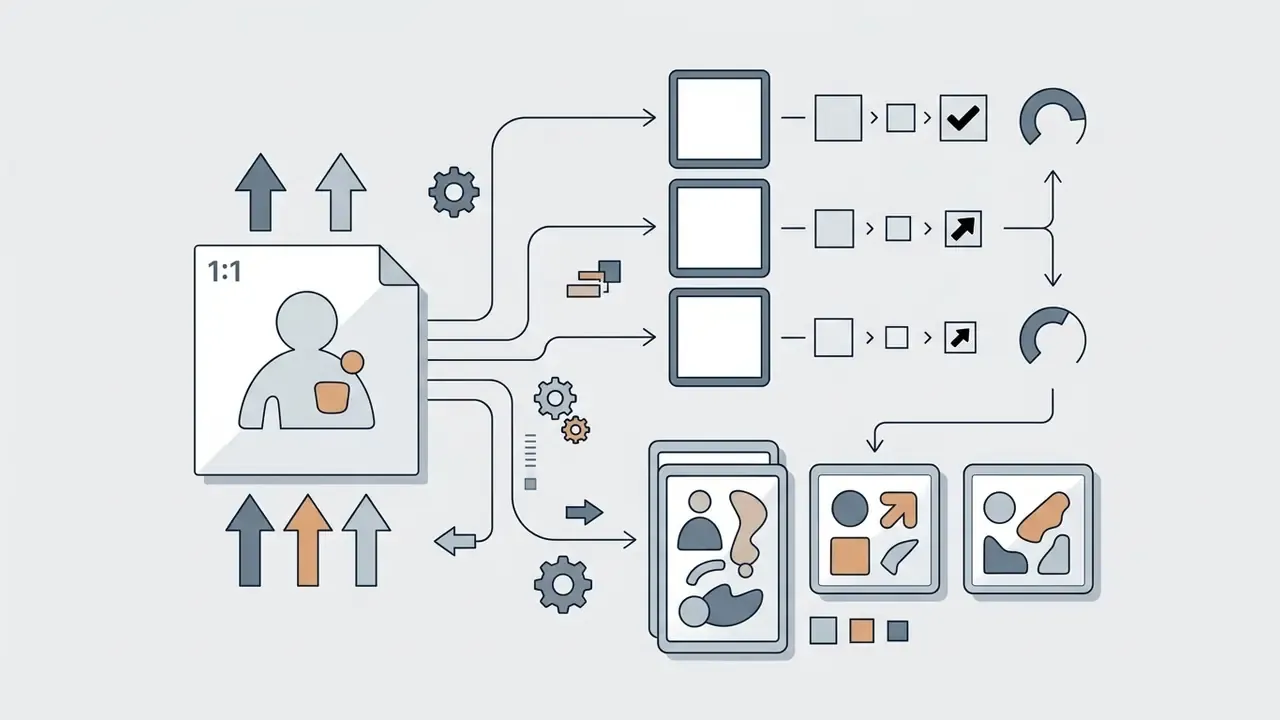 Square asset workflow showing a central user icon branching into resolution tiers and final sticker designs
