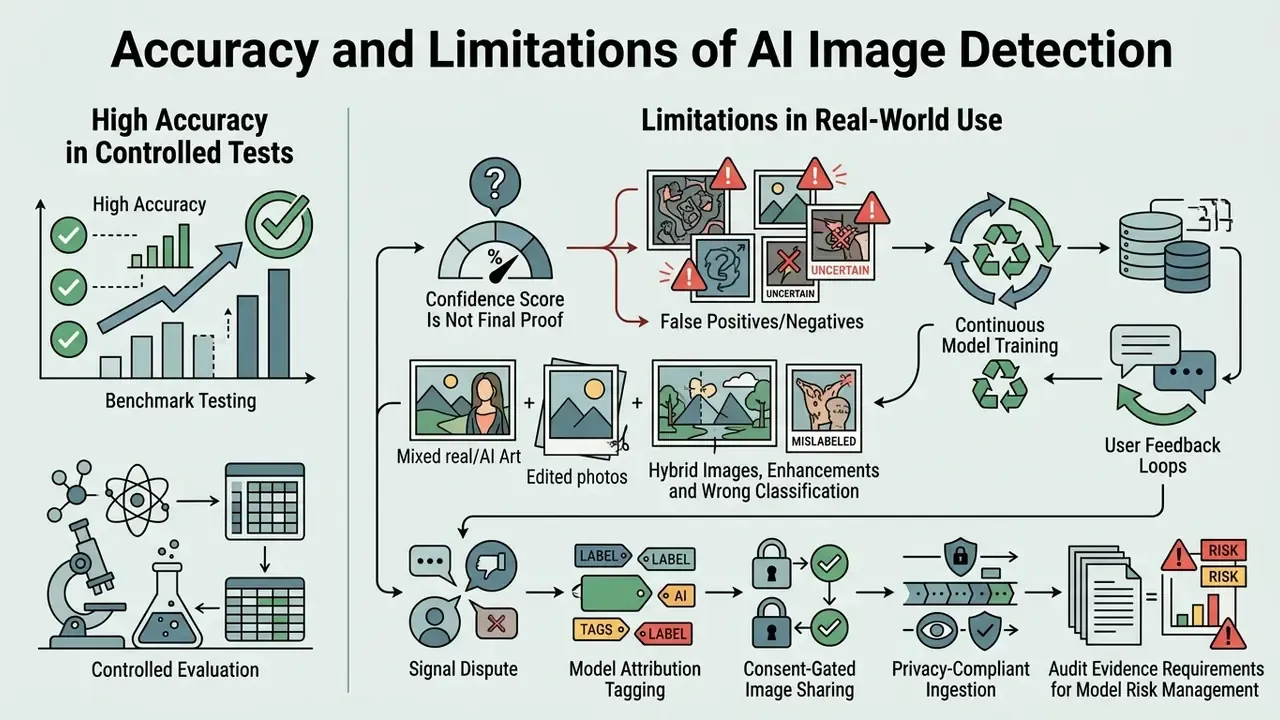 Infographic comparing controlled benchmark results with real-world challenges and risk management workflows