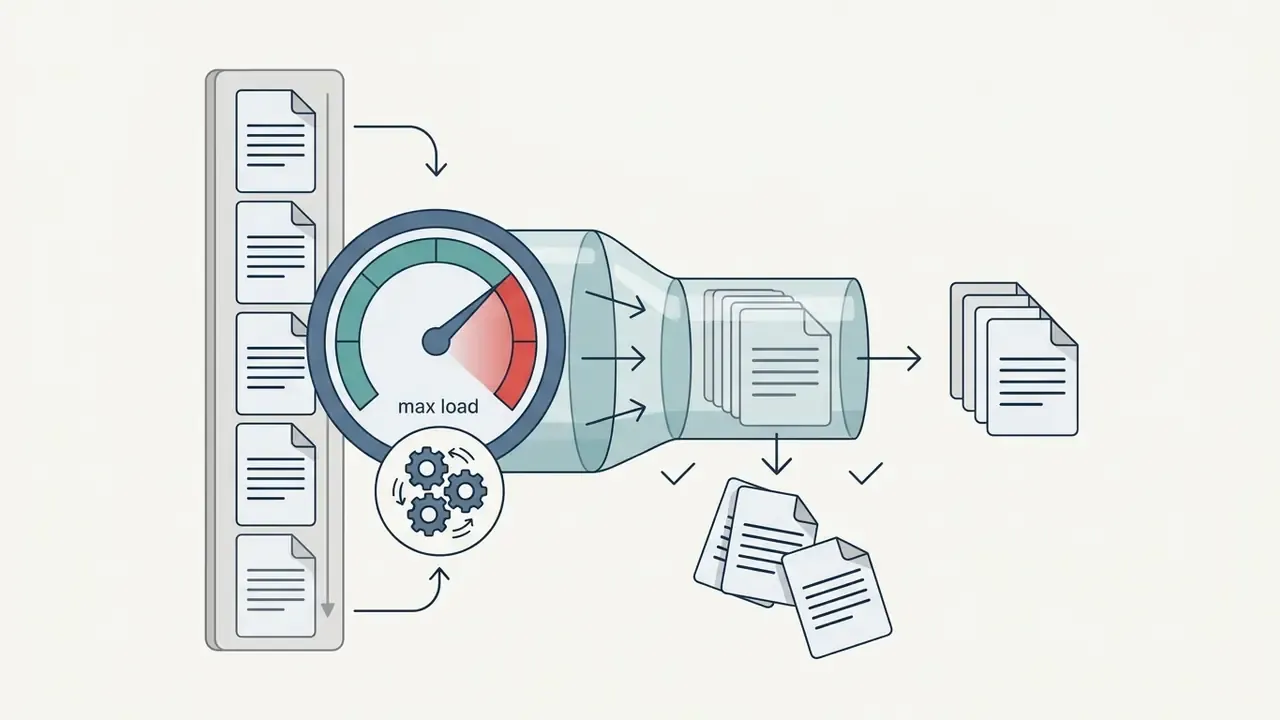 Documents passing through a funnel with a max load gauge and gears that discard excess data