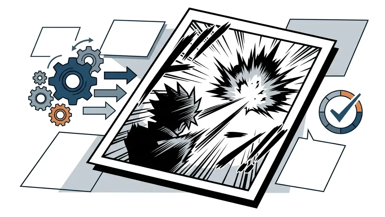 Interlocking gears driving the creation of a dynamic manga panel featuring a spiky haired character