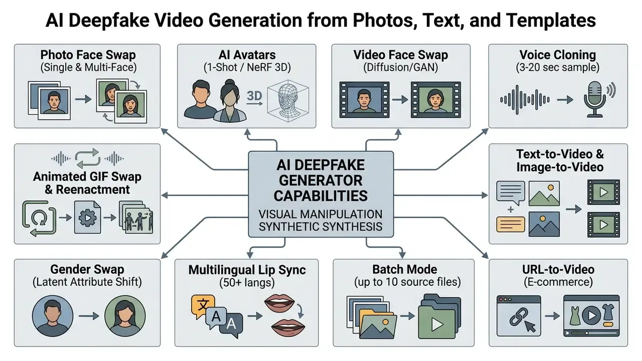 Diagram mapping various AI deepfake generator functions like face swapping, voice cloning, and lip syncing