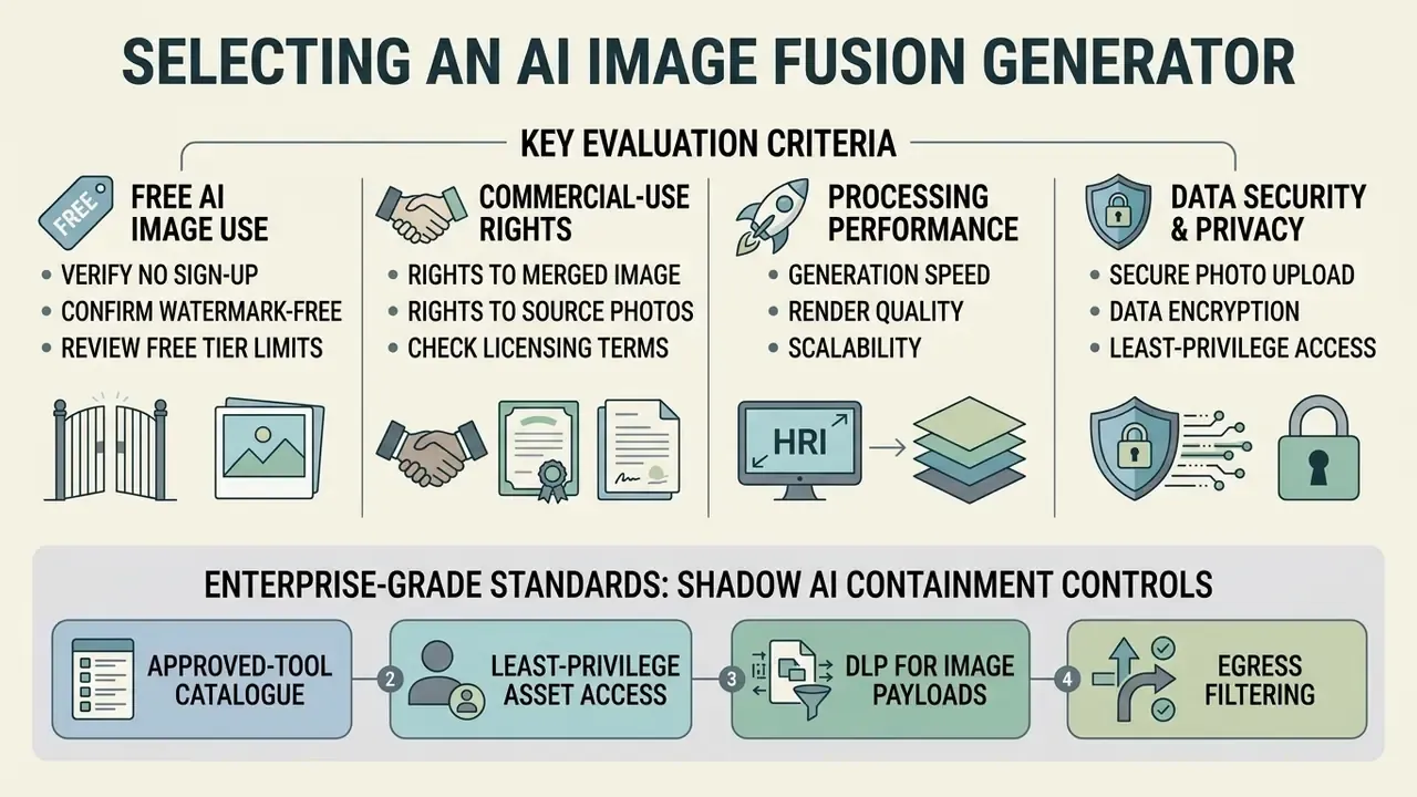 Evaluation criteria for image generation tools including commercial rights, performance, and data security