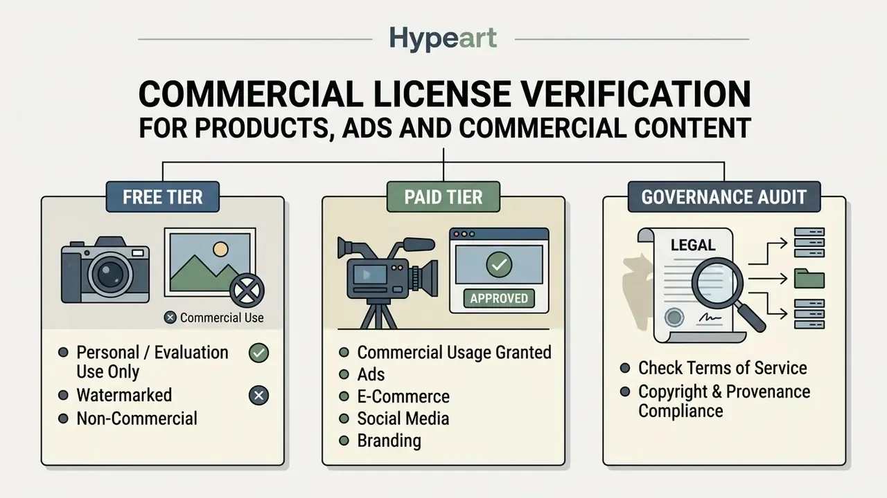 Comparison table outlining free and paid licensing tiers alongside a legal governance audit process