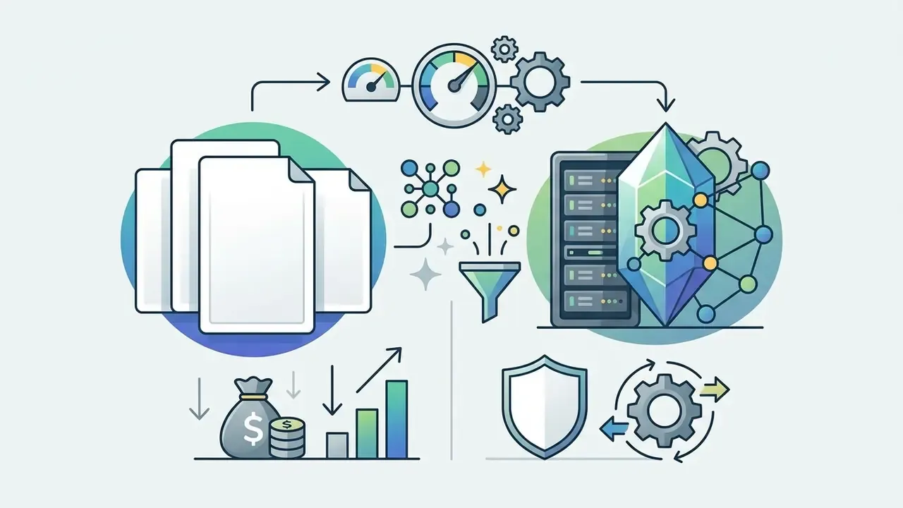 Documents and server data feed into a gear system that outputs performance gauges and cost metrics