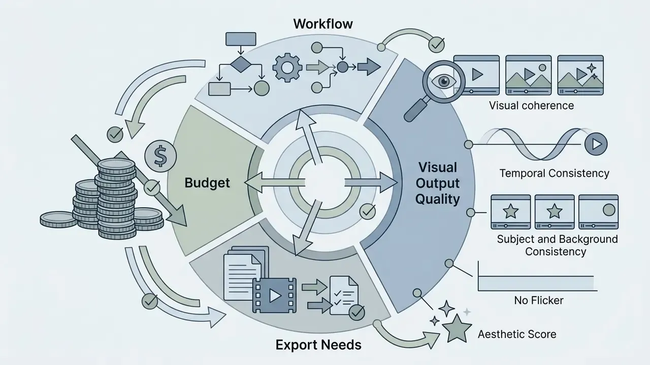 Circular diagram connecting budget, workflow, and export needs to visual output quality metrics