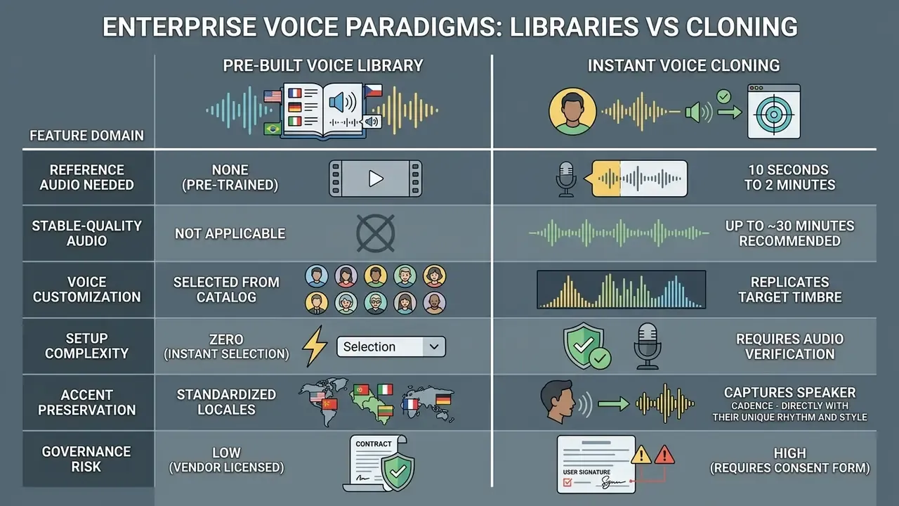 Comparison table contrasting pre-built voice libraries with instant voice cloning for video dubbing online free