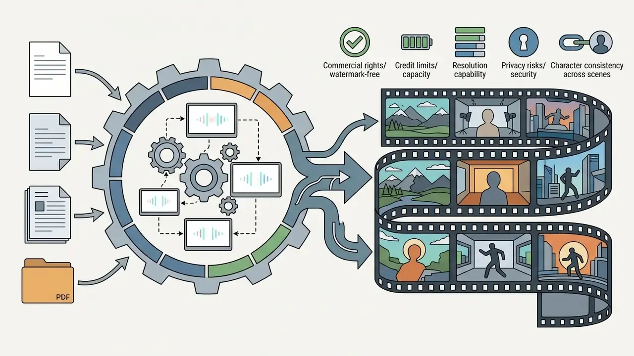 Diagram showing documents and PDF files feeding into a central gear engine to produce long-form video