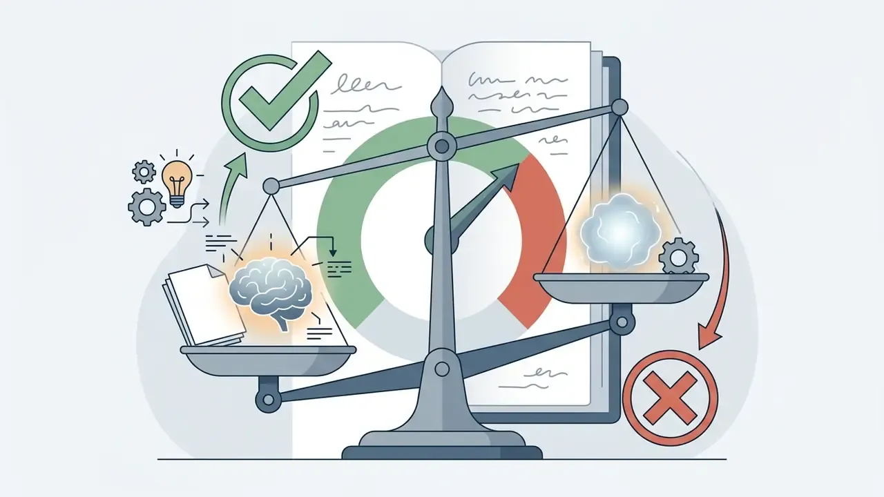 Balance scale weighing a human brain with documents against an automated cloud icon with a red cross