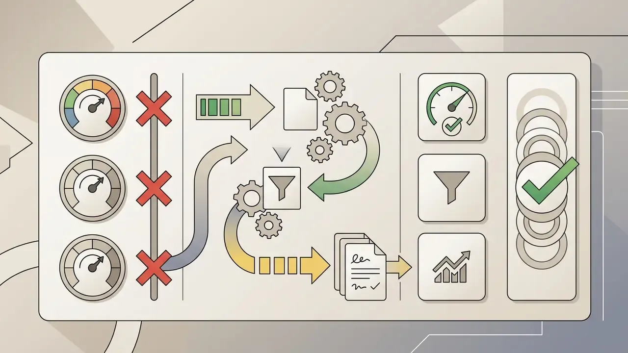 Control gauges and red crosses leading to a funnel process with document icons and success indicators