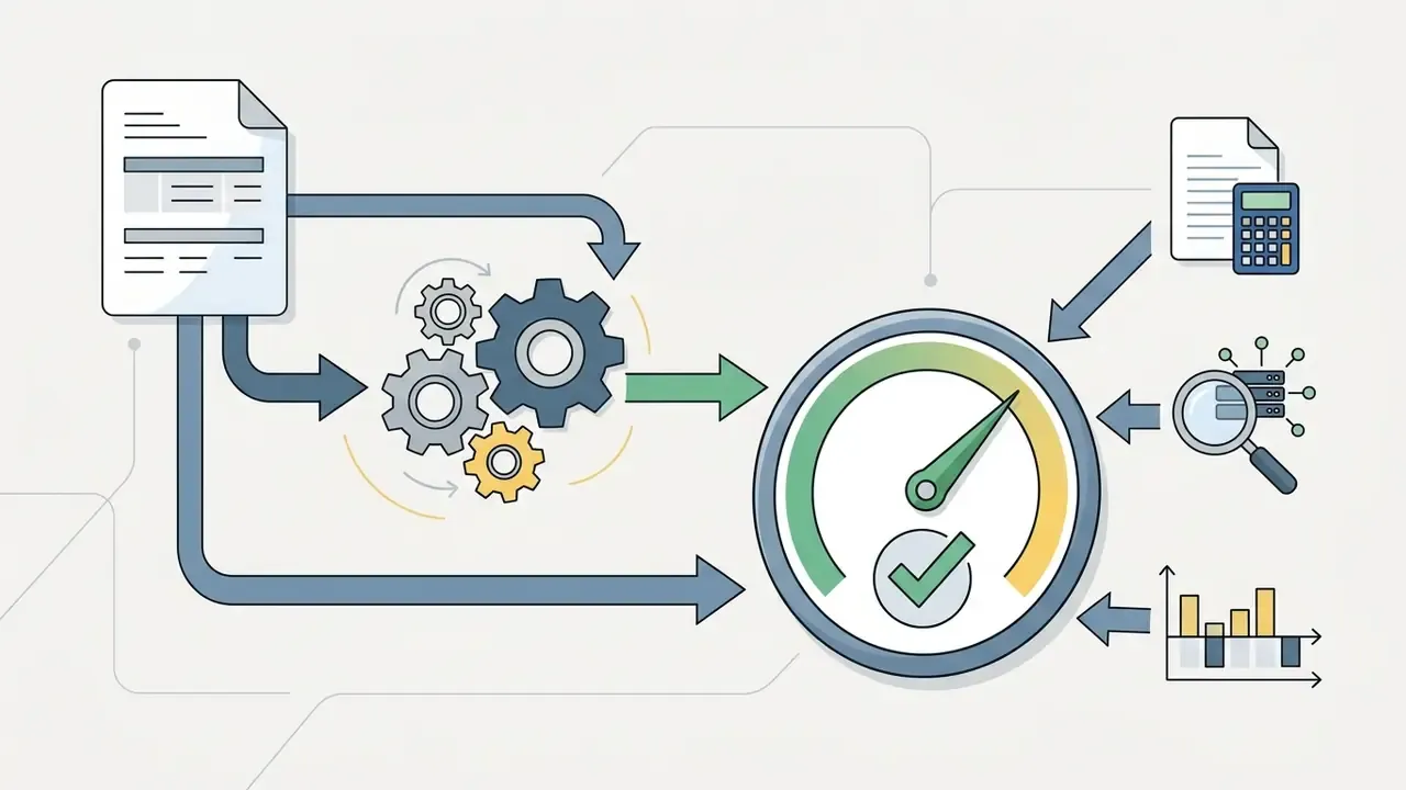 Data flowing through a mechanical gear system into a gauge for validation against metrics and reports