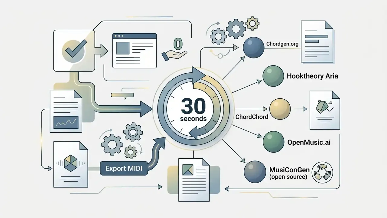 Central timer surrounded by web tool icons and document symbols representing a rapid music generation process