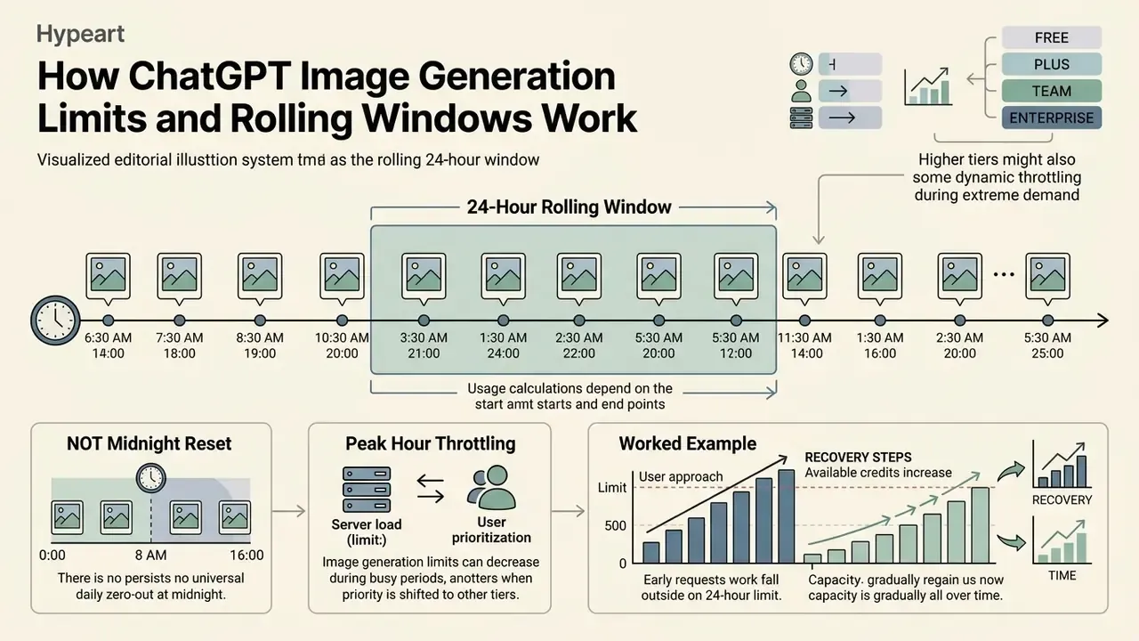 Diagram showing how a 24-hour rolling window tracks image generation requests instead of a midnight reset