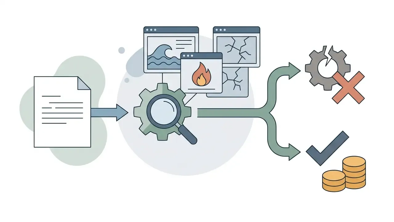 Document analyzed by a gear and magnifying glass to sort simulated damage into rejected or paid claims