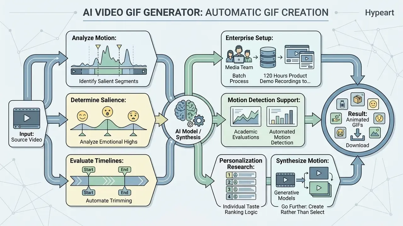Flowchart illustrating how AI models analyze video motion and emotional salience to automate GIF production