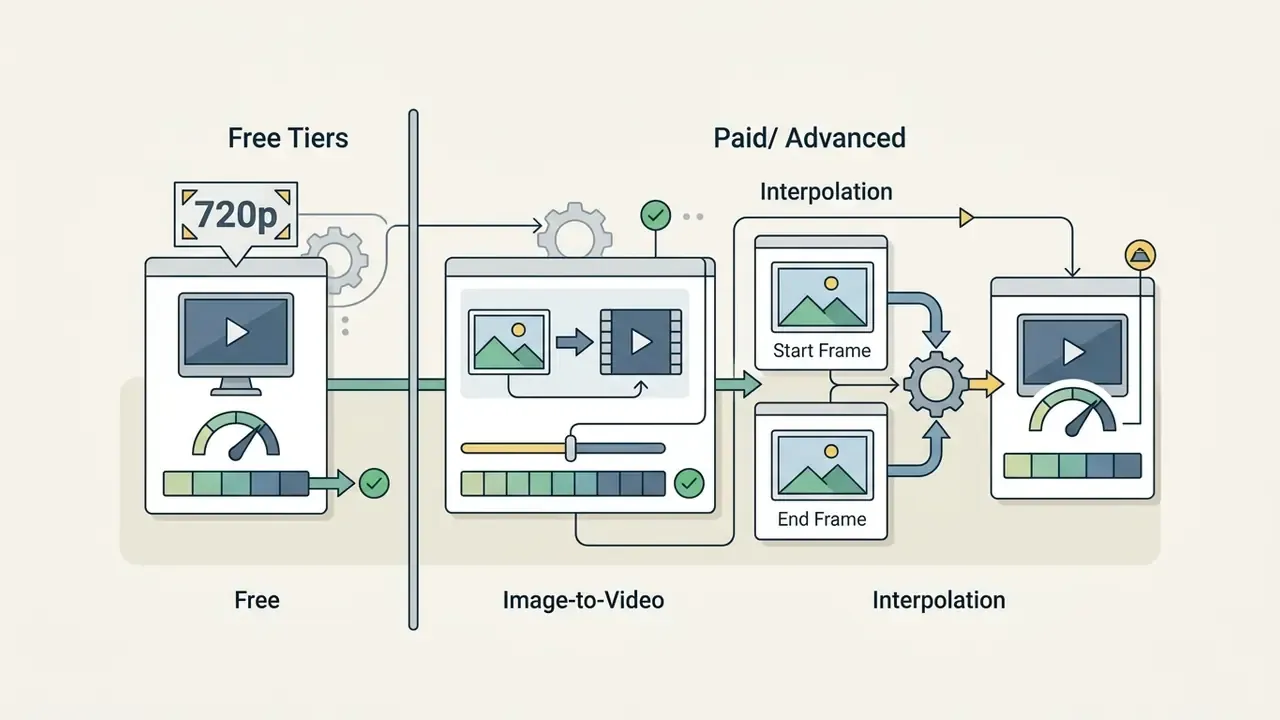 Comparison infographic showing free tier resolution limits versus paid interpolation workflows