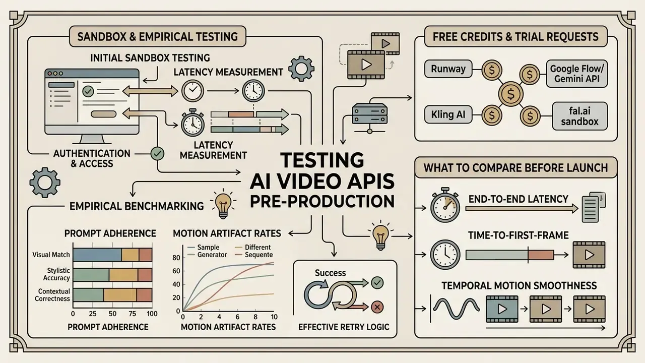Visual guide outlining sandbox testing, empirical benchmarking, and performance metrics for AI Video APIs